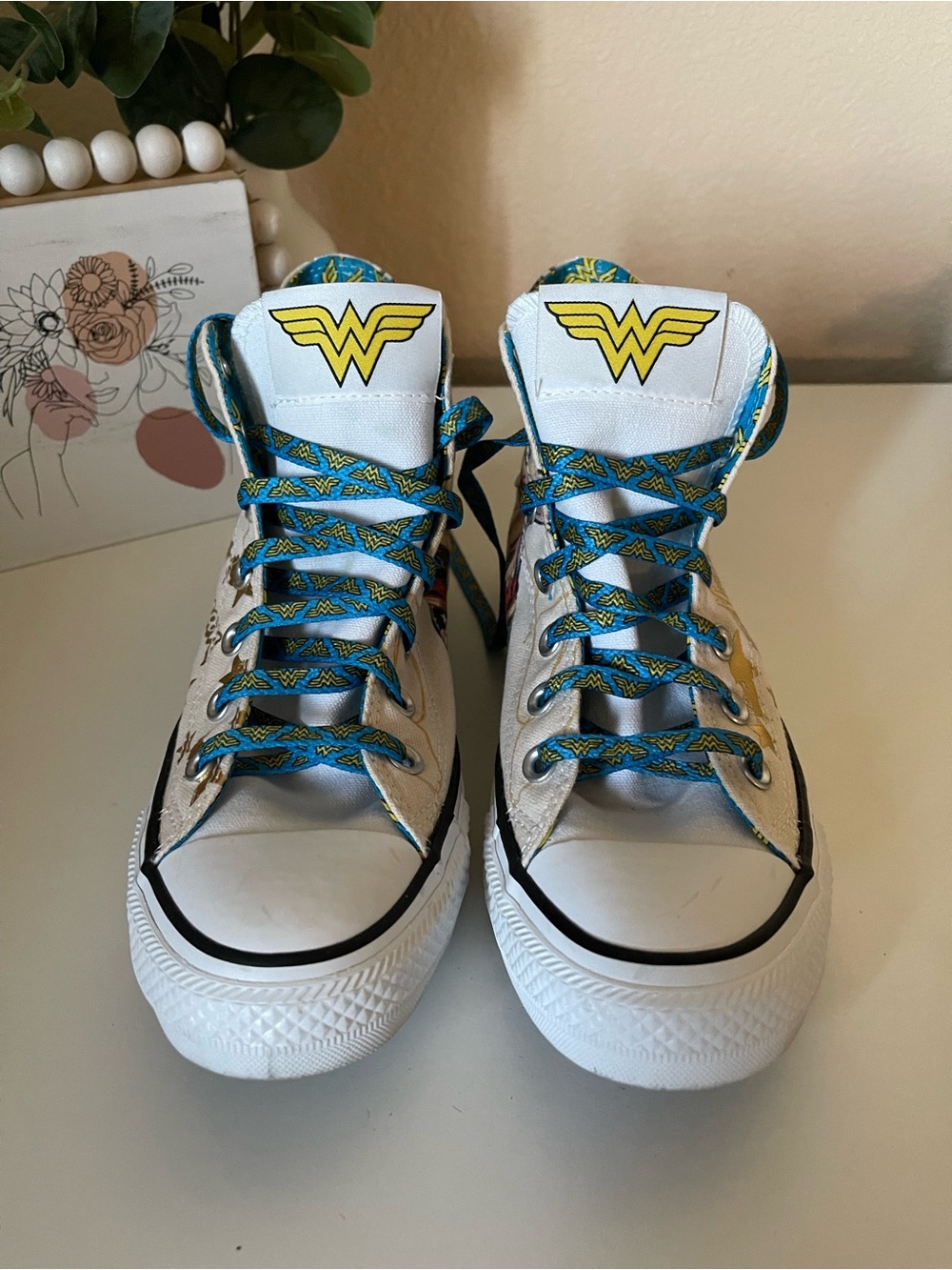 Converse Wonder Woman High Top Sneakers — White with Blue & Gold Accents 8 - Picture 2 of 12